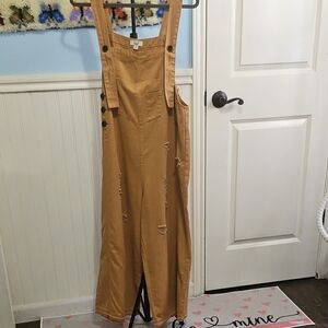 Easel Tan Distressed Overalls